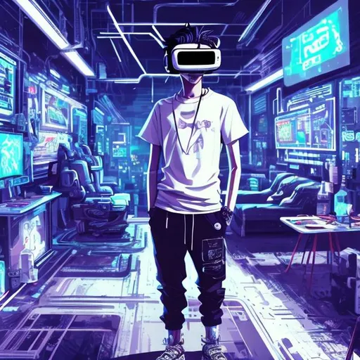 Prompt: Full body view, cute young male character, virtual reality headset, highly stylized, casually dressed, white t-shirt, sweatpants, cyberpunk, futuristic, exaggerated art style, anime, detailed illustration, domestic setting, living room, sitting on couch, digital art, vivid colors, high contrast, professional artwork