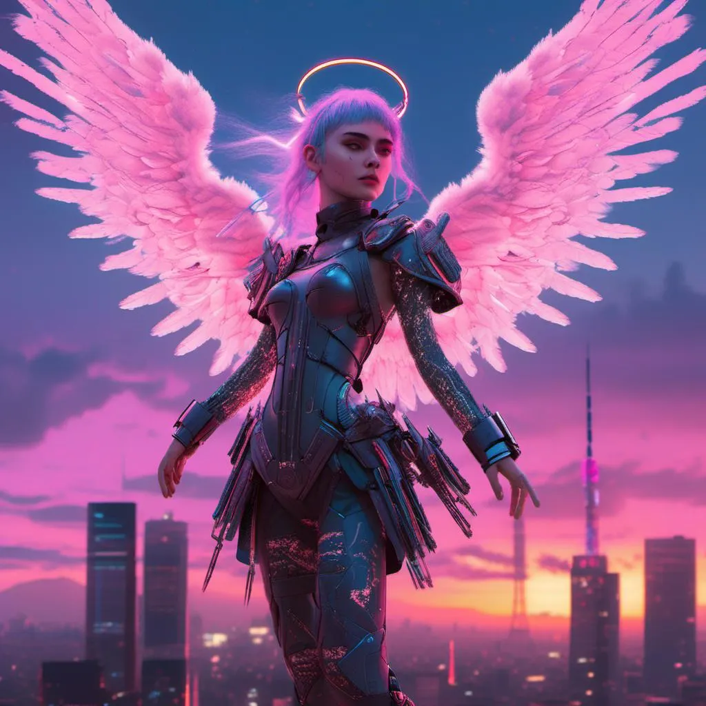 Prompt: Photorealistic cyberpunk illustration of Grimes as an ethereal fantasy angel, Tokyo skyline, mechanical wings, hyperrealism, detailed, Unreal Engine 5, dynamic pose, angelic, futuristic, ethereal, detailed wings, professional, dynamic lighting, highres, ultra-detailed, cyberpunk, Tokyo skyline, surreal, atmospheric, angelic glow, celestial beauty, in <mymodel> artstyle