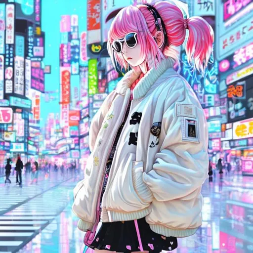 Prompt: wide standing view, full body view, petite 21 year old anime girl, pink hair, two braided pigtails, Harajuku, sunglasses ((white, oval frame)), puffy bomber jacket, black combat boots, highly stylized artstyle, messy neon tokyo background, wide view, digital illustration, ultra hd, extreme long shot, telephoto lens, motion blur, wide angle lens, deep depth of field, deep blue color scheme, pastel color scheme