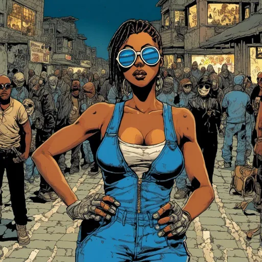 Prompt: young African American woman, wearing a blue jumpsuit, oval shaped sunglasses, tough and imposing, nighttime setting, crowded urban background, in <mymodel> style