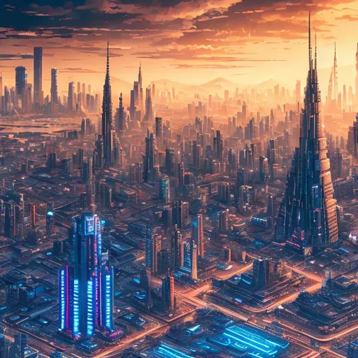 Prompt: Futuristic cityscape with a large pyramid surrounded by towering skyscrapers, aerial view, bustling urban life, urban decay, neon signs, tokyo, neo-tokyo, cyberpunk, highres, ultra-detailed, futuristic, dynamic angles, atmospheric lighting