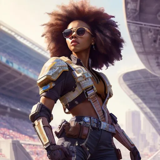 Prompt: full view, full body view, a painting of side view of a fashionable hero woman character gazing at a futuristic stadium, brown skin, multicolor hair, gunbelt, shades, realistic pose, stunning, vibrant, 8k resolution,  WLOP, dynamic lighting, hyperdetailed, intricately detailed, Unreal Engine 5, volumetric lighting