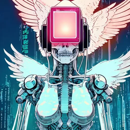 Prompt: illustration of an ethereal cyberpunk angel in skeletal form wearing a vr headset, comic style ((tokyo ghost, sean murphy)), pastel color scheme, ethereal glow, dynamic pose, detailed, stylized