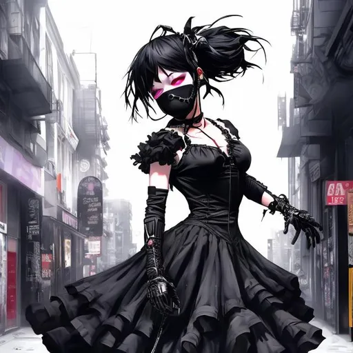 Prompt: full view, anime assassin woman in a frilly black nylon dress, dynamic pose, hooded, wearing black face mask, black platform boots, urban street setting, high quality, detailed, urban fashion, mysterious atmosphere