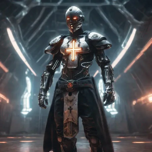 Prompt: realistic templar cyborg in a futuristic arena, glowing cross on chest