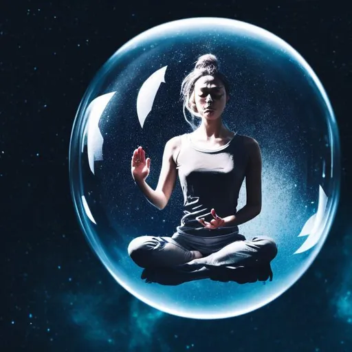 Prompt: woman drifting through space in a bubble, meditating on the fragility of existence