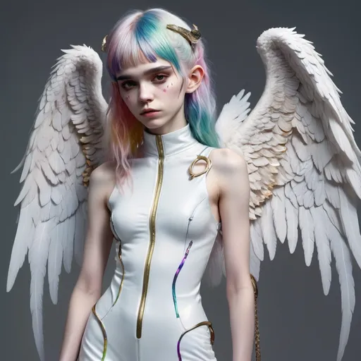 Prompt: full body view of grimes as a futuristic, elden ring character, ethereal, multicolor hair, angel wings