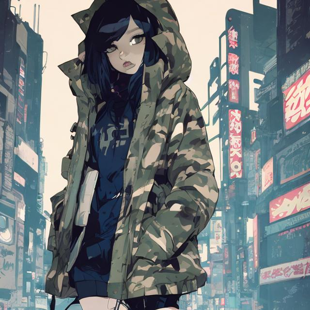 Prompt: cute girl in camoflouge parka, full body view, comic style ((tokyo ghost, sean murphy)), cute, highly stylized artstyle, atmospheric background, wide view, digital illustration, ultra hd, extreme long shot, telephoto lens, cute anime art style, motion blur, wide angle lens, deep depth of field, deep blue color scheme, pastel color scheme