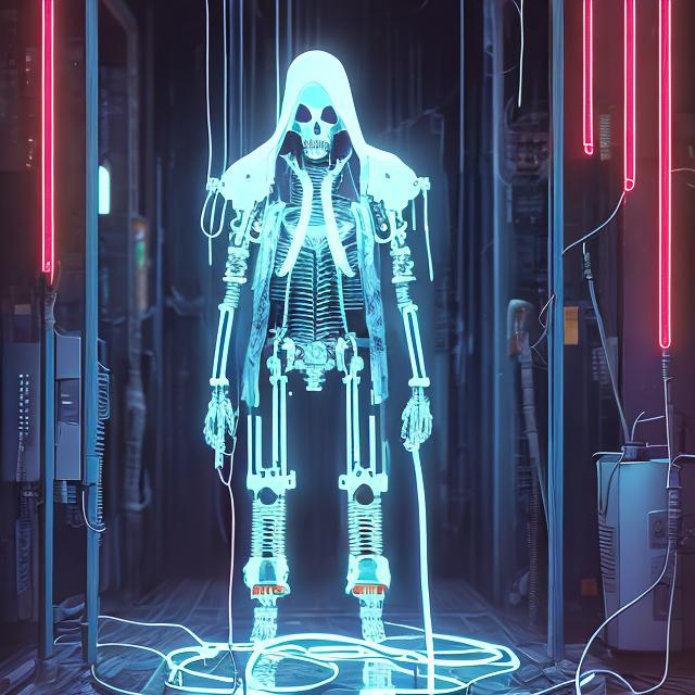 Prompt: illustration of a cyberpunk male grim reaper, full body view, comic style ((tokyo ghost, sean murphy)), skeletal cyborg, technology, wires, cords, hooded, slim, cute, highly stylized artstyle, abstract atmospheric background, wide view, digital illustration, extreme long shot, telephoto lens, cute art style, motion blur, wide angle lens, deep depth of field, pastel color scheme