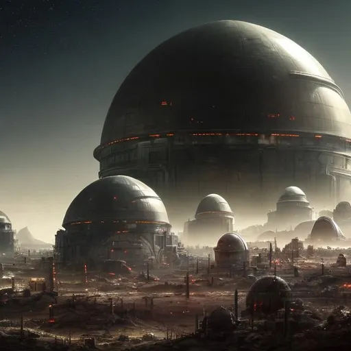 Prompt: Sci-fi illustration of domed farms in a dystopic wasteland, 4k, ultra-detailed, dystopian, sci-fi, futuristic, domed farms, barren wasteland, desolate landscape, high-tech agriculture, apocalyptic setting, futuristic technology, atmospheric lighting, cool tones, advanced farming, futuristic domes, technological desolation, professional, industrial sci-fi aesthetic