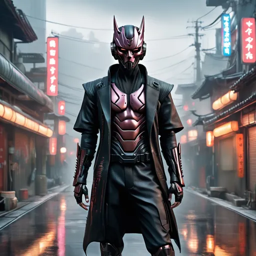 Prompt: full view, full body view, 
cyberpunk Sith apprentice, japanese hannya mask, young man, textured leather, sleek metallic details, sci-fi, urban landscape, 4k ultra-detailed, cyberpunk, futuristic, dynamic pose