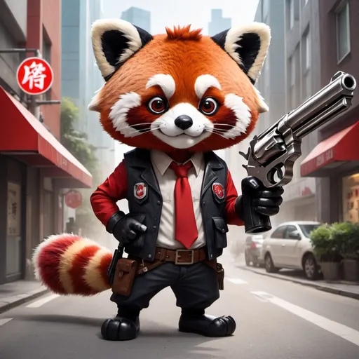 Prompt: cute but murderous mascot with large revolver, red panda, city street