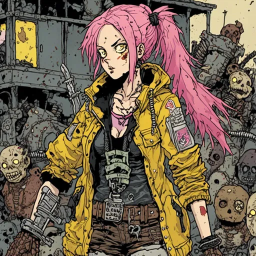 Prompt: woman with pink hair in two pigtails, scar on face, wearing clear yellow jacket and combat boots, carrying a sword, scrapyard background, in <mymodel> style