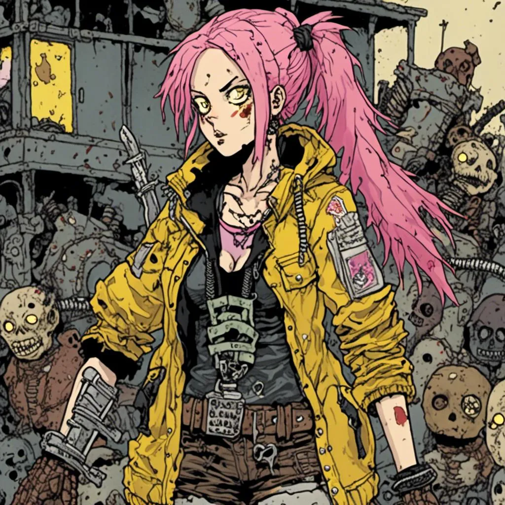 Prompt: woman with pink hair in two pigtails, scar on face, wearing clear yellow jacket and combat boots, carrying a sword, scrapyard background, in <mymodel> style