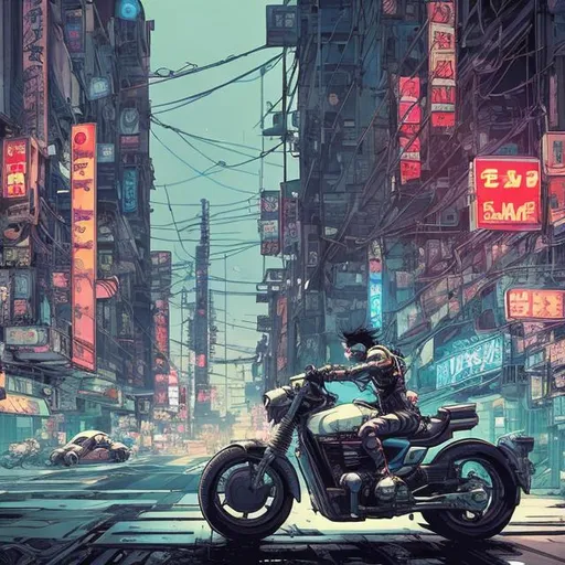 Prompt: a comic book (tokyo ghost, sean murphy) style of a motorcycle being ridden down a street in a cyberpunk city, illustration, highly stylized, cyberpunk cityscape, wide depth of field, wide angle lens, futuristic skyscrapers, bustling urban life, detailed and dynamic perspective, highres, ultra-detailed, comic book style, cyberpunk, wide angle lens, futuristic  bustling streets, highly stylized, dynamic perspective, atmospheric lighting