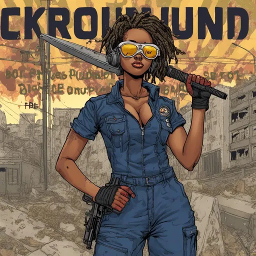 Prompt: young African American woman, wearing a navy blue jumpsuit, oval-shaped sunglasses, gripping a sword in one hand, urban background, in <mymodel> style