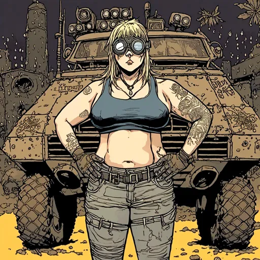 Prompt: large woman, muscles, goggles, tattoos, military vehicles background, nighttime setting, in <mymodel> style