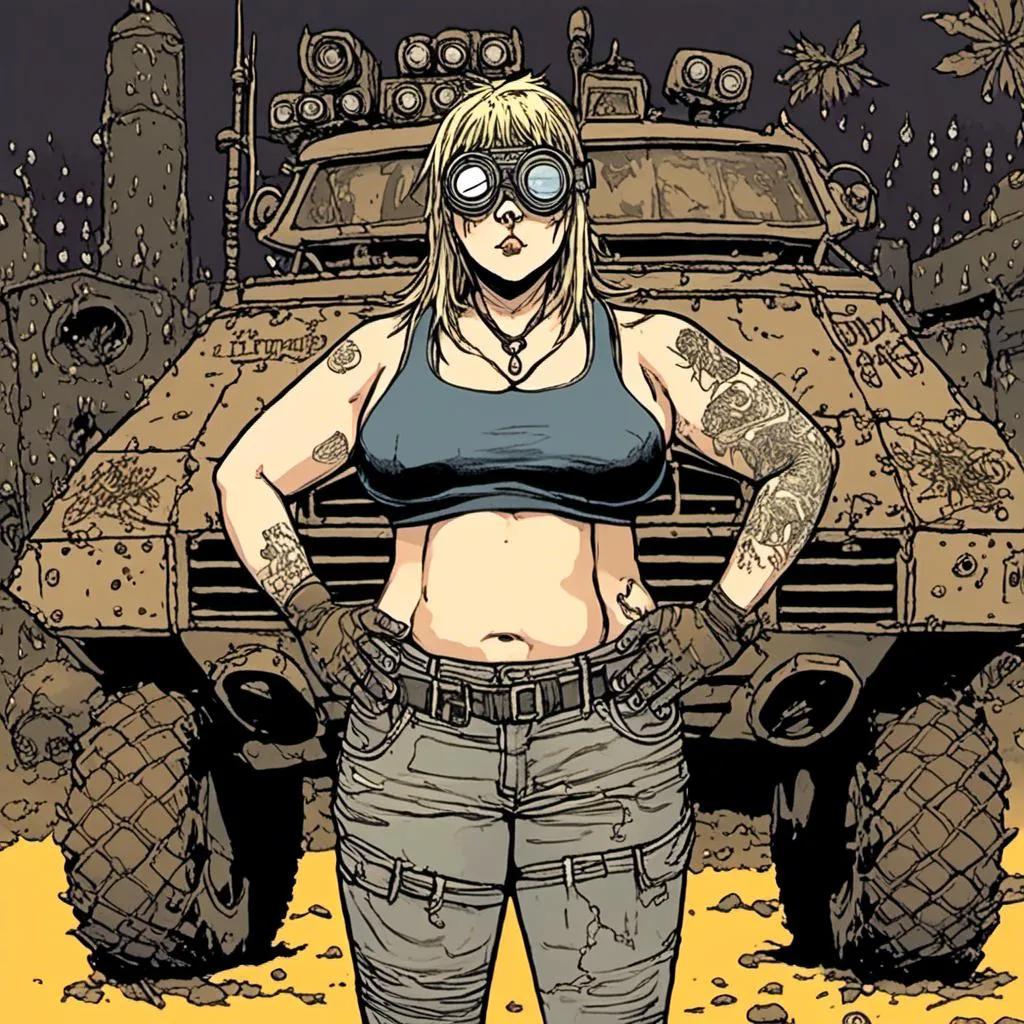 Prompt: large woman, muscles, goggles, tattoos, military vehicles background, nighttime setting, in <mymodel> style