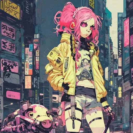 Prompt: illustration of a young woman with pink hair in two pigtails, comic style ((tokyo ghost, sean murphy)), puffy yellow bomber jacket, pastel goth, black combat boots, dynamic pose, detailed, stylized, 3d urban background