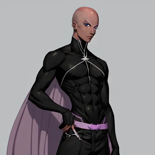 Prompt: anime, pastel goth hero, dark skin, bald, male, fine line