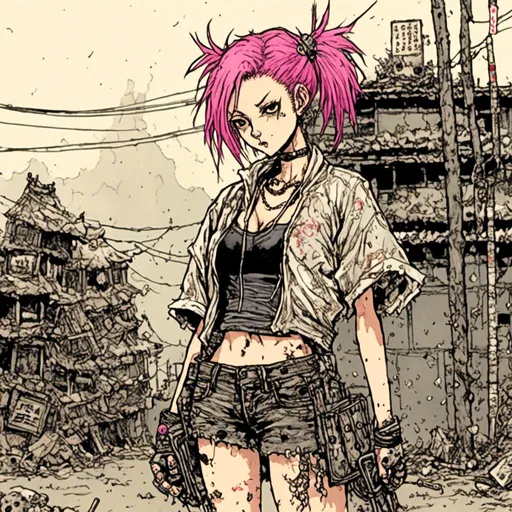 Prompt: modern samurai girl, pink hair, wearing a kimono, cutoff shorts, punk rock, junkyard background, in <mymodel> style