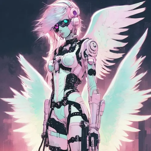Prompt: illustration of a pastel cyber goth angel, comic style ((tokyo ghost, sean murphy)), pastel color scheme, ethereal glow, dynamic pose, detailed, stylized