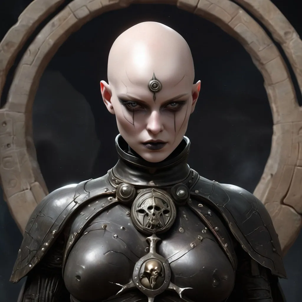 Prompt: harkonnen priestess of the black sun, alabaster skin, bald