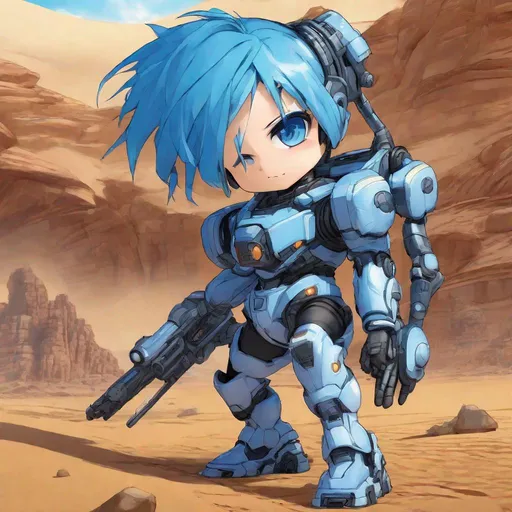 Prompt: chibi manga manw with blue hair, bio-mech suit, action pose, desert setting