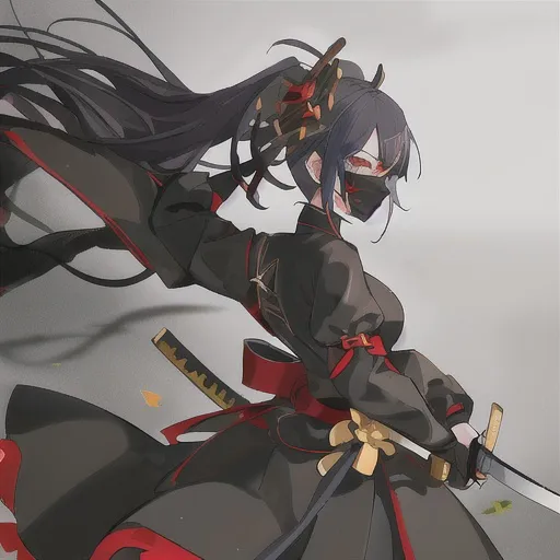 Prompt: anime assassin woman holding katana, wearing black frilly dress, black face mask, urban street setting