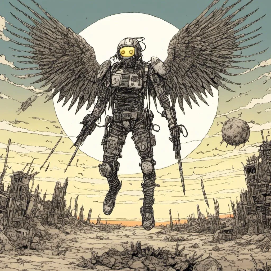 Prompt: floating cyborg angel, desert wasteland setting, large sun background, in <mymodel> style