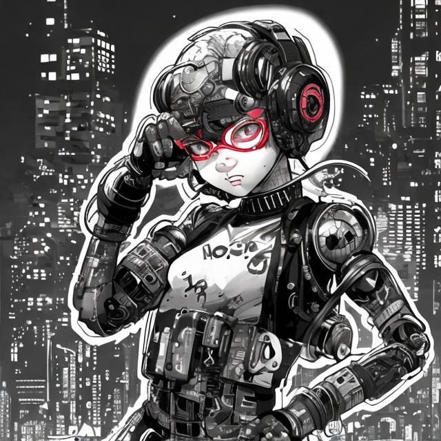 Prompt: cyborg girl, bald head, goggles, dynamic pose, neighborhood setting, black and white manga art style
