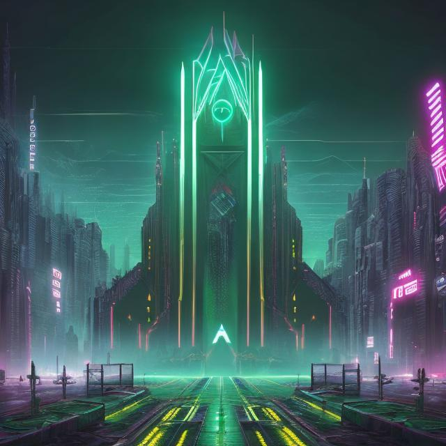 Prompt: symmetric digital artwork of cyberpunk minas morgul