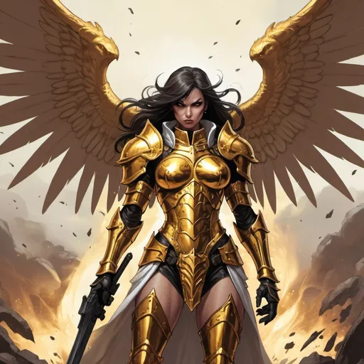 Prompt: Angelic hellspawn hunter with golden armor, female, badass, battlefield setting, comic book art style
