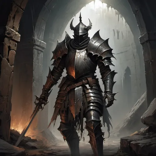 Prompt: Elden Ring knight, fearsome, tarnished, rotting dungeon setting