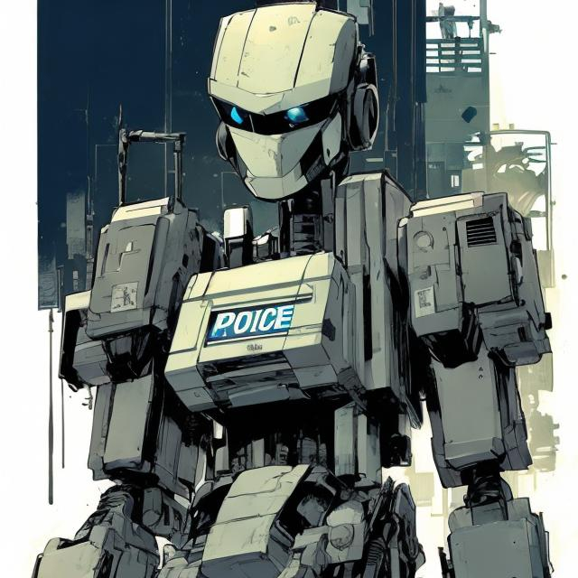 Prompt: police robot, comic book style ((Tokyo ghost, sean murphy)), humanoid, non threatening, highly stylized design, cute art style, anime