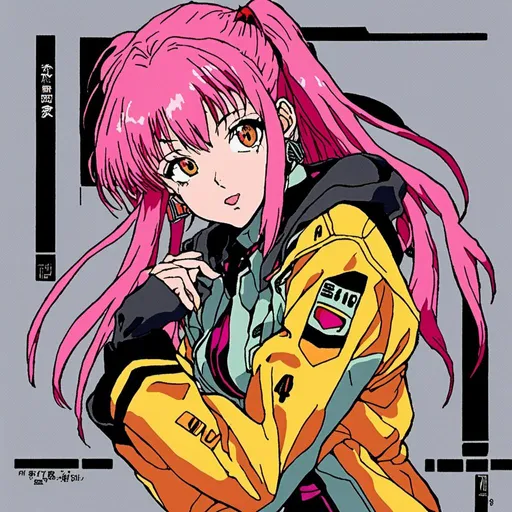 Prompt: young woman, pink hair, yellow oversized bomber jacket<mymodel>