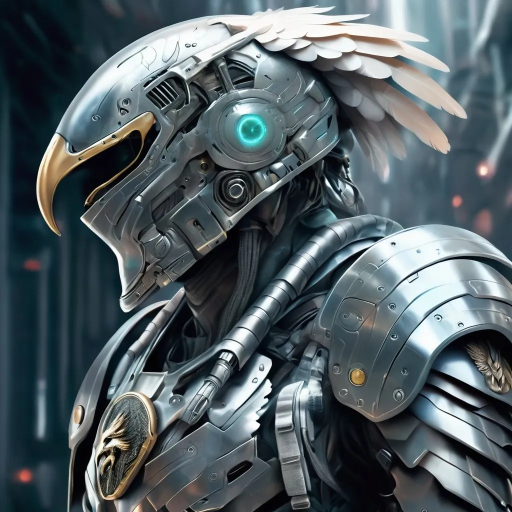 Prompt: Futuristic illustration of a foot soldier, metallic eagle-shaped helmet, sci-fi armor, high-tech weaponry, detailed metallic textures, cool tones, highres, ultra-detailed, sci-fi, futuristic, detailed helmet, high-tech armor, cool tones, atmospheric lighting