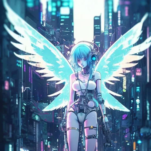 Prompt: ethereal cyberpunk angel, full body view, petite 21 year old anime girl, comic style((tokyo ghost, sean murphy)), vr headset, skeletal form, cute, highly stylized artstyle, messy abstract background, wide view, digital illustration, ultra hd, extreme long shot, telephoto lens, motion blur, wide angle lens, deep depth of field, deep blue color scheme, pastel color scheme