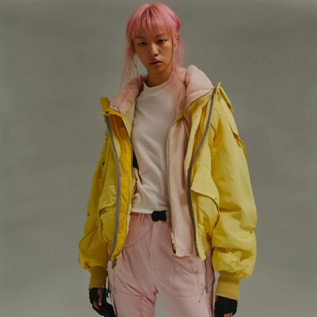 Prompt: <mymodel> woman in yellow bomber jacket, with pink hair in two pigtails