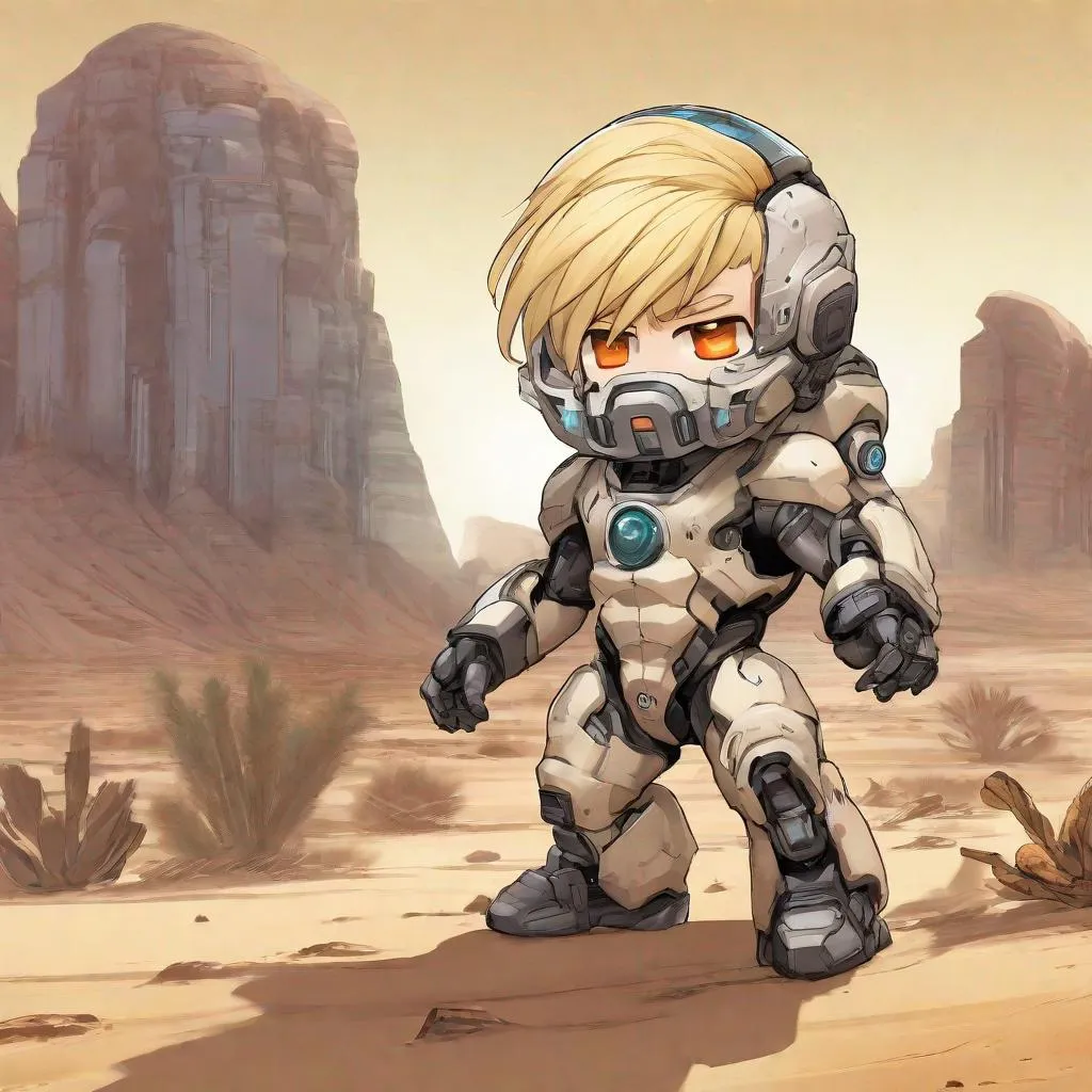 Prompt: chibi manga blonde man, bio-mech suit, action pose, desert setting