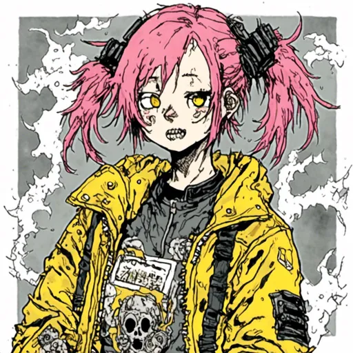 Prompt: woman with pink hair in two pigtails, wearing yellow bomber jacket, in <mymodel> style