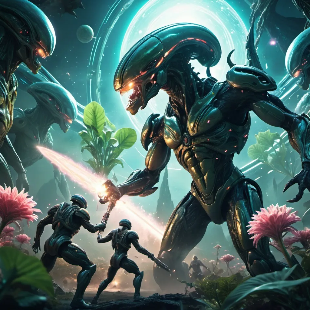 Prompt: Epic fantasy scene of futuristic warriors fighting a cosmic godlike creature, lush alien flora, high-tech weaponry, mystical energy effects, ultra HD detail, fantasy art, dynamic lighting, futuristic, alien flora, high-tech weaponry, cosmic godlike creature, mythical energy effects, epic fantasy, dynamic lighting