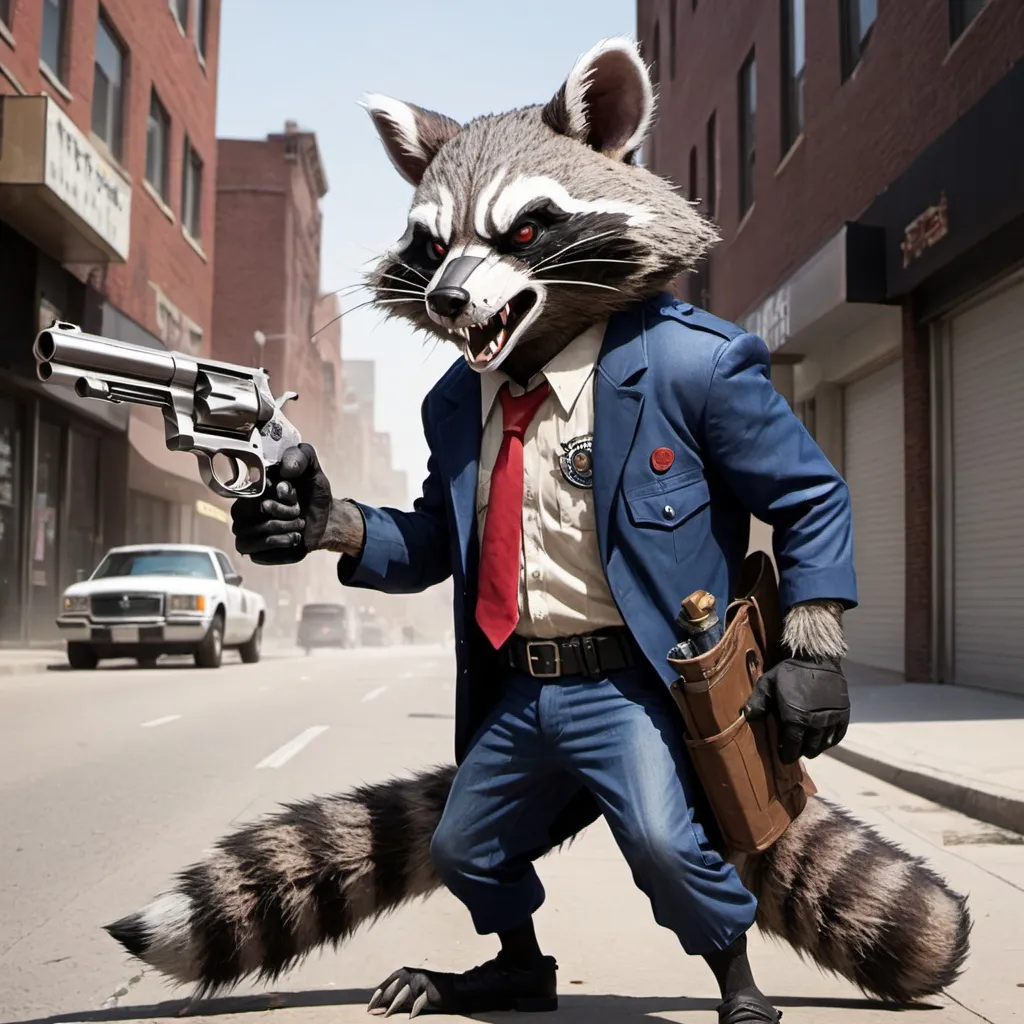 Prompt: rabid mascot with large revolver, trash panda, city street