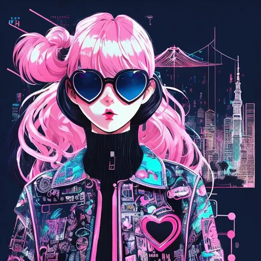 Prompt: wide standing view, full body view, petite 21 year old anime woman, pink hair, bangs, two braids, stylish, sunglasses ((heart-shaped frame)), oversized black vinyl jacket, fine line art, tokyo background, wide view, digital illustration, ultra hd,  motion blur, deep blue color scheme, pastel color scheme