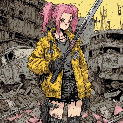 Prompt: woman with pink hair in two pigtails, wearing clear yellow jacket and combat boots, carrying a sword, scrapyard background, in <mymodel> style