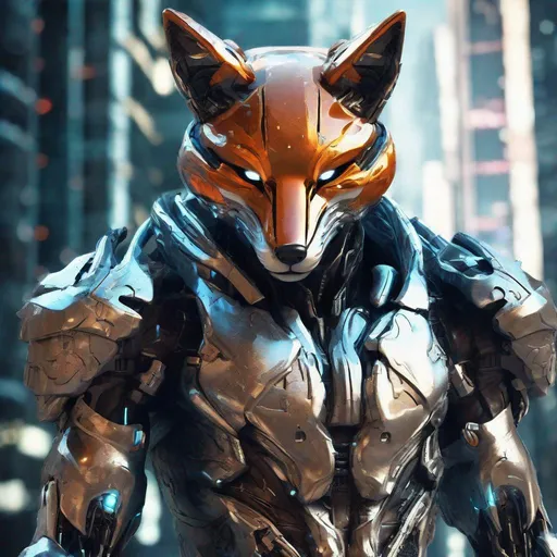 Prompt: Cyborg warrior with fox-shaped armor, metallic sheen, futuristic urban setting, intense and focused gaze, high-tech details, detailed metallic textures, cybernetic enhancements, cool tones, atmospheric lighting, best quality, ultra-detailed, sci-fi, cyberpunk, fox-shaped armor, futuristic, intense gaze, high-tech details