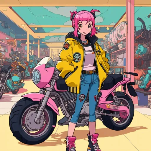 Prompt: girl with pink hair, oversized yellow bomber jacket, standing next to a motorcycle <mymodel> 