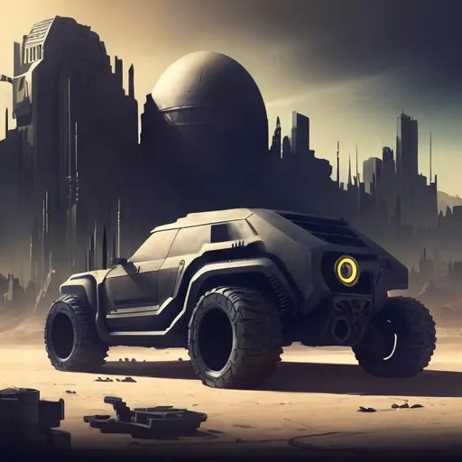 Prompt: illustration of a Matte black tank muscle car hybrid with solar panels and spray painted skull, desert landscape, domed city, highres, detailed, stylized artwork, futuristic, sci-fi, dystopian, desert tones, intense lighting, professional rendering