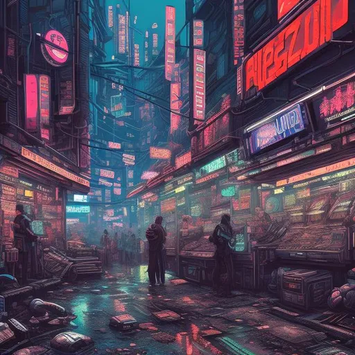 Prompt: cyberpunk, market selling machine, electronic goods, urban decay, crowded scene, highly stylized, detailed illustration, intense colors, futuristic, urban setting, crowded market, digital art, retro-futuristic, detailed machinery, bustling atmosphere, high contrast, vibrant colors, gritty urban, professional artwork