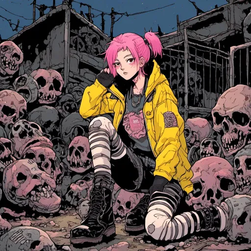 Prompt: woman with pink hair in two pigtails, wearing oversized yellow bomber jacket, kirby t-shirt, combat boots, nighttime setting, scrapyard background, in <mymodel> style